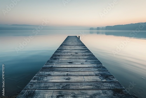 Overlooking a tranquil lake, a solitary wooden pier extends gracefully into the water, its weathered planks bearing witness to countless sunsets and quiet reflections photo