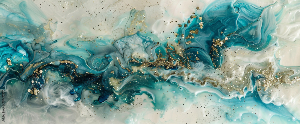 Captivating aquamarine marble ink spreads dynamically across a captivating abstract scene, adorned with dazzling glitters. Captivating aquamarine marble ink spreads dynamically across a captivating abstract scene, adorned with dazzling glitters.