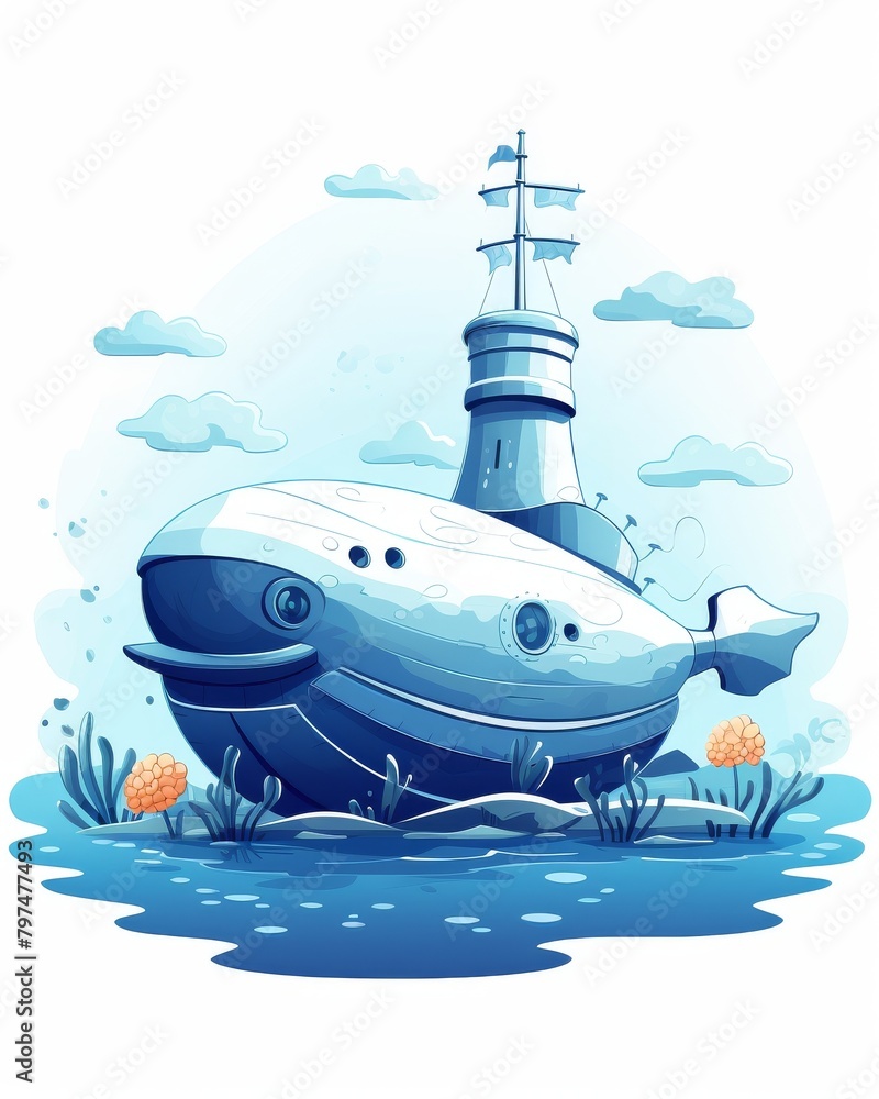 A blue submarine shaped like a whale.