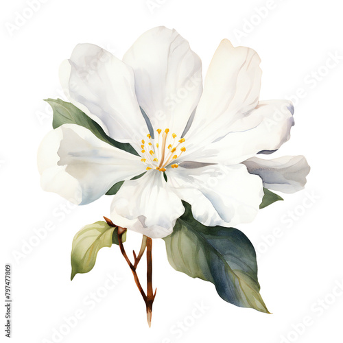 White flower with detailed petals and green leaves  png isolated on transparent