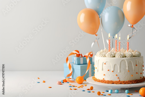 birthday cake and balloon with candles bright with free space for text, .festival or celebration concept