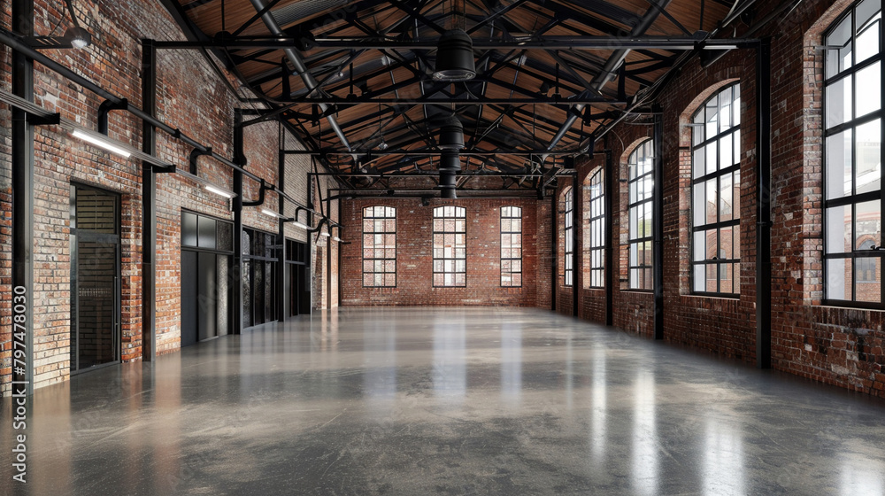 Old industrial warehouse interior designed in loft style  with weathered brick walls  polished concrete floor  and intricate black steel roofing