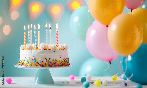 birthday cake and balloon with candles bright with free space for text, .festival or celebration concept