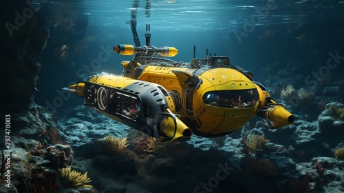 A yellow submarine exploring a coral reef. photo