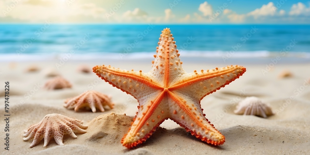 Starfish on the beach with sea and sky background. Travel concept Starfish on the beach with sea and sky background. Travel concept