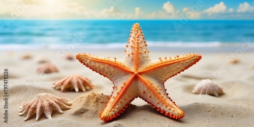 Starfish on the beach with sea and sky background. Travel concept