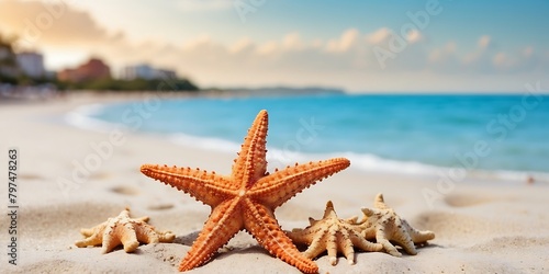 Starfish on the beach with sea and sky background. Travel concept © ASGraphicsB24