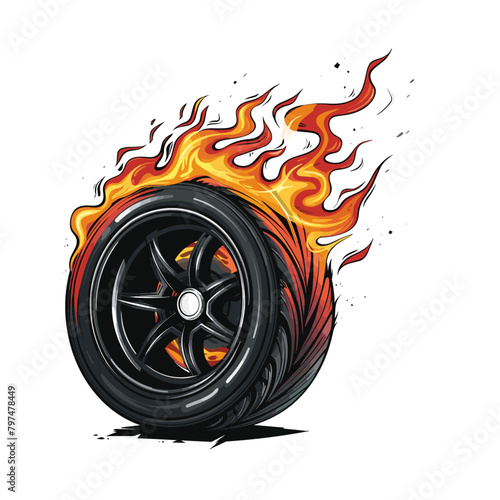 dramatic close-up of a burning tire, flames licking the rubber and spewing smoke