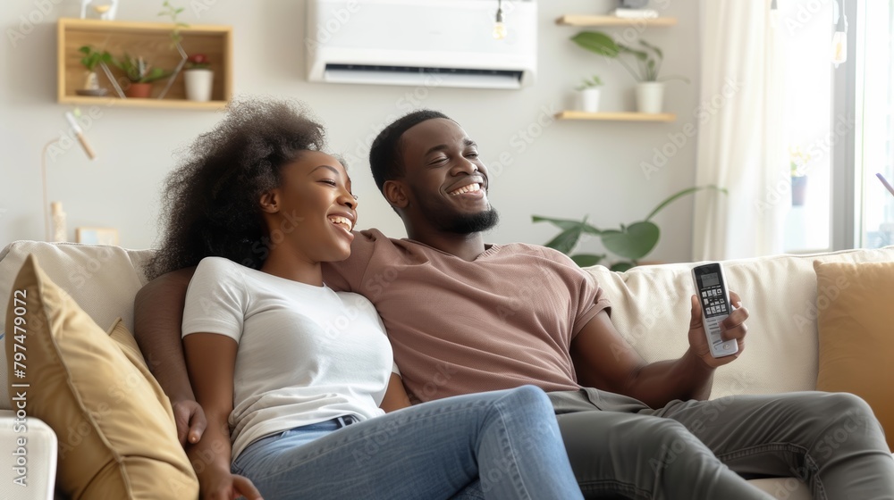 Happy couple turning on ac, enjoying cool air at home, relaxing on sofa in living room Happy couple turning on ac, enjoying cool air at home, relaxing on sofa in living room