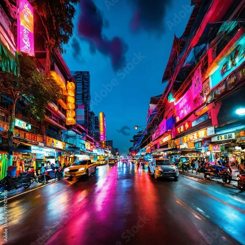 The vibrant district in bangkok, captured with a wide-angle lensfor a colorful, energetic street scene. © MR.Any(CAD)