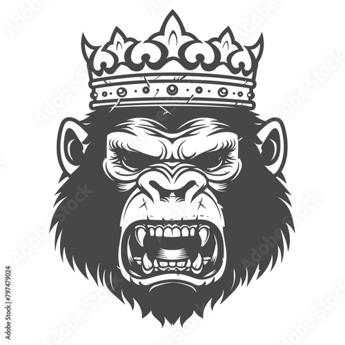detailed black and white illustration of a monkey, exuding a sense of wild nature and royal elegance with its ornate crown © Supardi