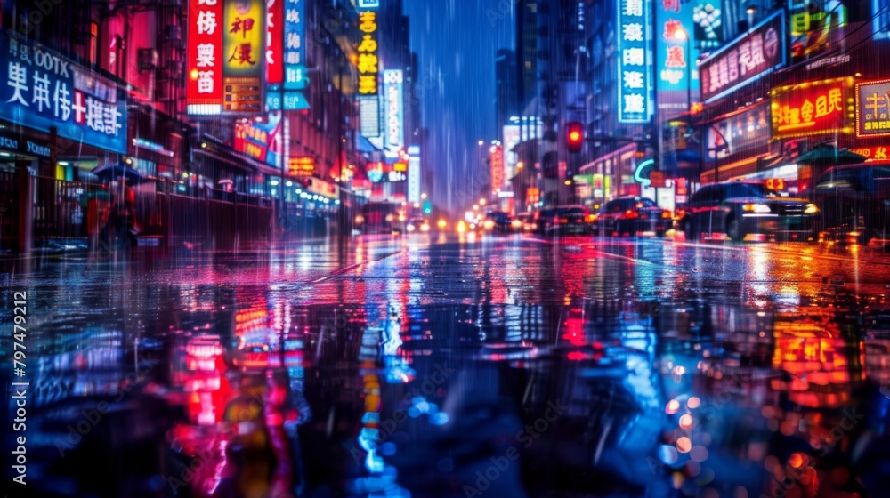 Rain-soaked streets reflecting the neon lights of a bustling city at night, creating a cinematic and atmospheric urban scene