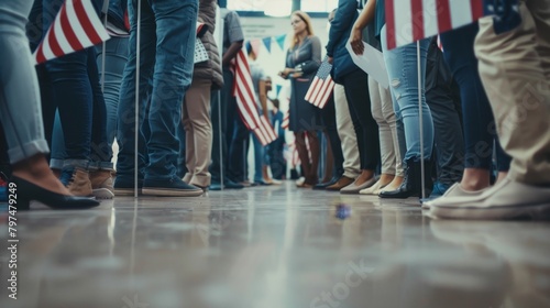 American voters standing in line at polling station with us flags on election day photo