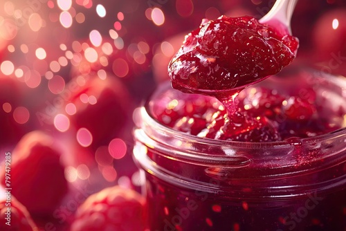 Raspberry jam. Spoon scooping homemade raspberry jam from a glass jar surrounded by fresh raspberries