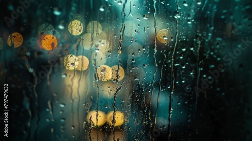Raindrops splashing on a windowpane  creating a soothing backdrop as the storm rages outside  evoking feelings of coziness.
