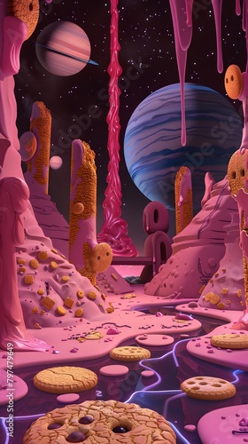 Fantasy Candy Universe with Chocolate Cookie Planets and Pink Syrup Rivers under a Starlit Sky photo