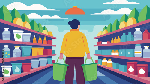 A person standing in a grocery store aisle faced with shelves stocked with plasticwrapped products emphasizing the overwhelming prevalence of