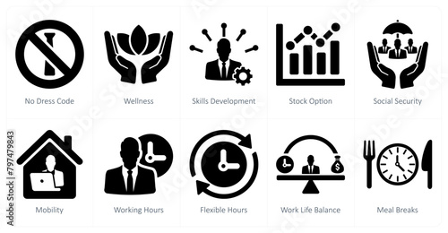A set of 10 employee benefits icons as no dress code, wellness, skills development photo