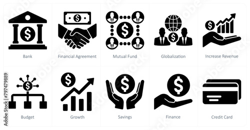 A set of 10 finance icons as bank, financial agreement, mutual funds