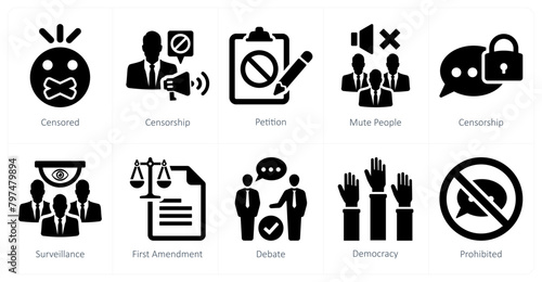 A set of 10 freedom of speech icons as censored, censorship, petition