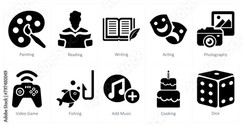 A set of 10 hobby icons as painting, reading, writing