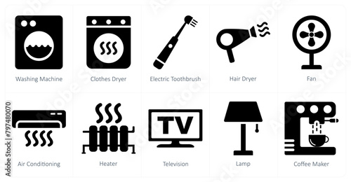 A set of 10 home appliances icons as washing machine, clothes dryer, electric toothpaste