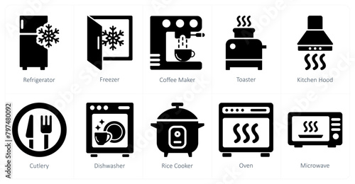 A set of 10 home appliances icons as refrigerator, freezer, coffee maker