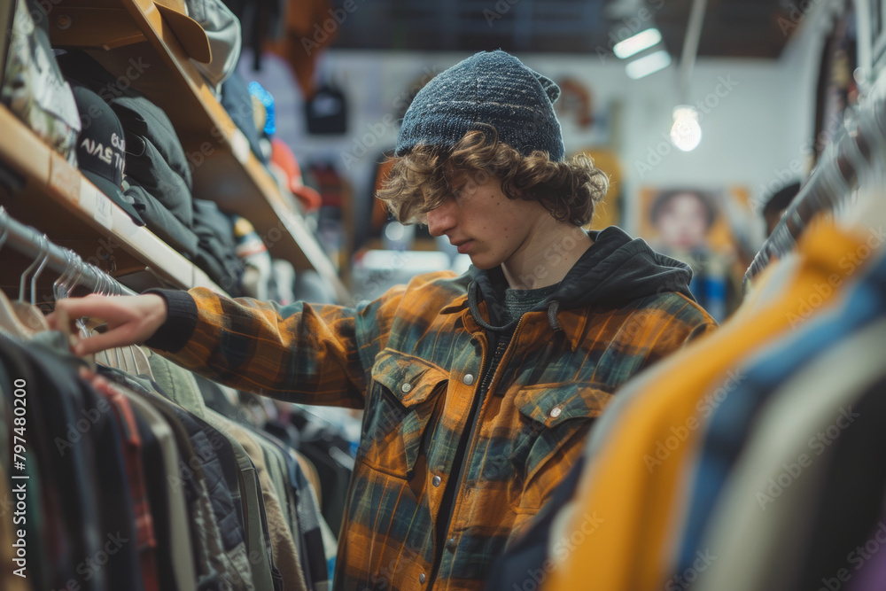 An image of a young male adult browsing through clothing racks in a fashion store, using a close-up shot to emphasize their perspective and focus on their hands as he choosing the clothing items.