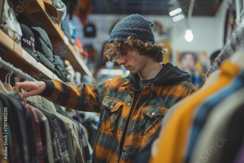 An image of a young male adult browsing through clothing racks in a fashion store, using a close-up shot to emphasize their perspective and focus on their hands as he choosing the clothing items.