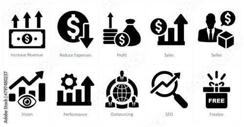 A set of 10 increase sale icons as increase revenue, reduce expenses, profit