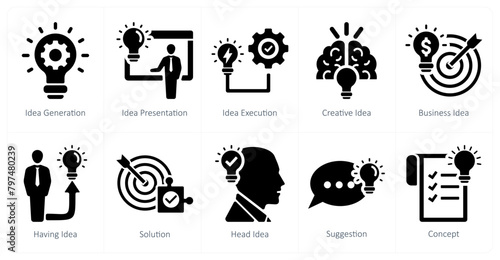 A set of 10 idea icons as idea generation, idea presentation, idea execution