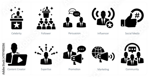 A set of 10 influencer icons as celebrity, follower, persuasion