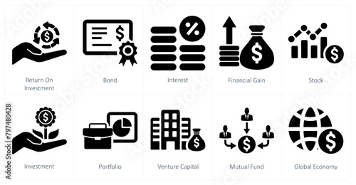 A set of 10 investment icons as return on investment, bond, interest