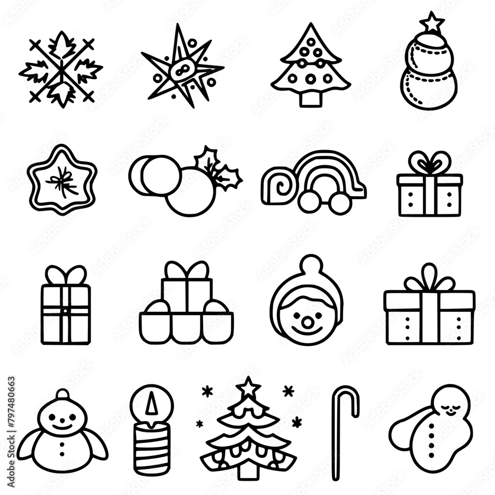 Naklejka premium christmas, hat, reindeer, snowman, bell, tree, winter, december, candle, gift, santa, celebration, icon, calendar, snowflake, star, christmas tree, candy, snow, sock, holly, merry, ball, bow, 