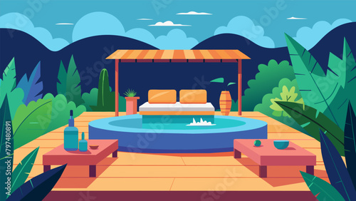 A secluded outdoor lounge complete with a hot tub and plush daybed creating a tranquil oasis for unwinding after a long day..