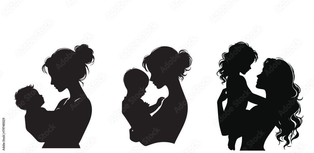 A mother holding her baby silhouette black filled vector Illustration icon set
