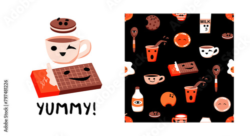 Baby print. Pattern. Yummy food. Cute characters. Milk, cookies, cup, mug, chocolate. Vector background. Doodles for kids. Perfect for printing on the fabric, design package and cover