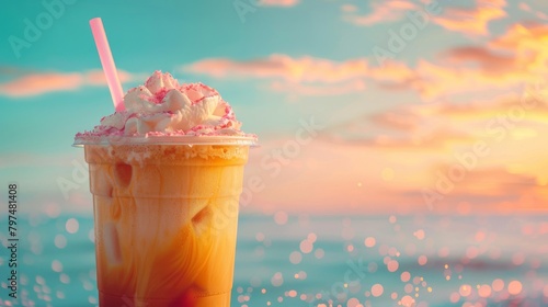 Immerse yourself in the serenity of summer with a frosty iced coffee against a gentle pastel hue,  a soothing respite from the sun