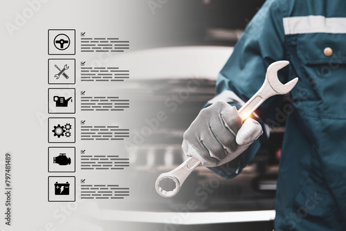Car care maintenance servicing, Technician auto mechanic holding wrench with fix service icons for repairing change spare part engine problem and insurance support or range of car check.
