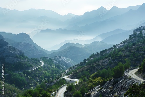Set against a backdrop of towering mountains, a winding mountain road disappears into the distance, its path meandering through dense forests and rocky slopes.  © ahmad