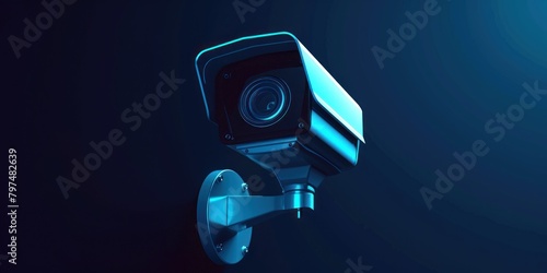 A blue security camera on a dark wall