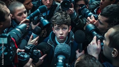 Young boy at the center of media attention surrounded by paparazzi with cameras and microphones