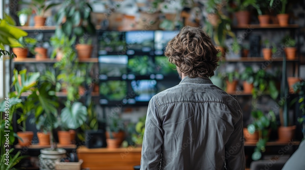 Back view of a man relaxing at home watching television in a living space filled with green houseplants