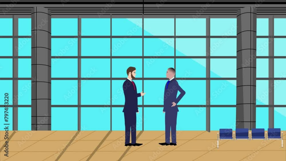 2D animation of two business man character talking each other in modern office area 2D animation of two business man character talking each other in modern office area
