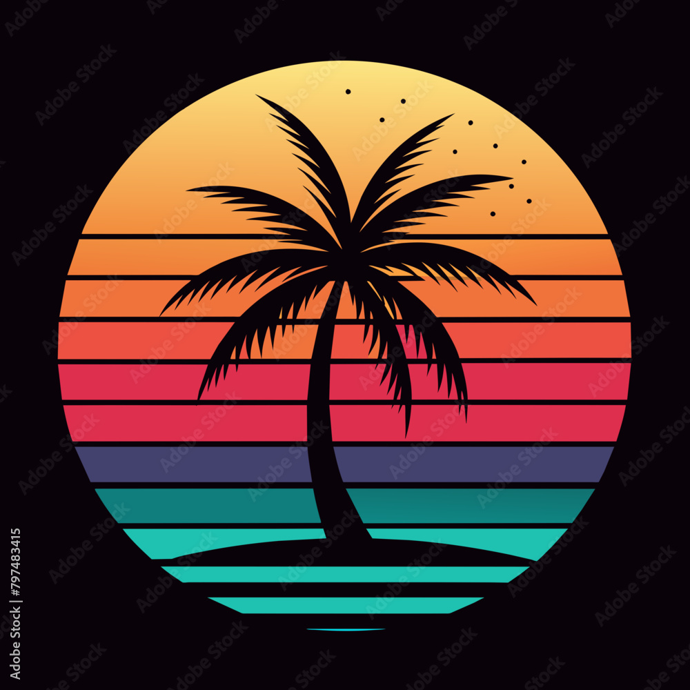 Summer t-shirt design. Retro and vintage summer vibes t-shirt design with palm tree, sea beach, and sunset vector illustration.