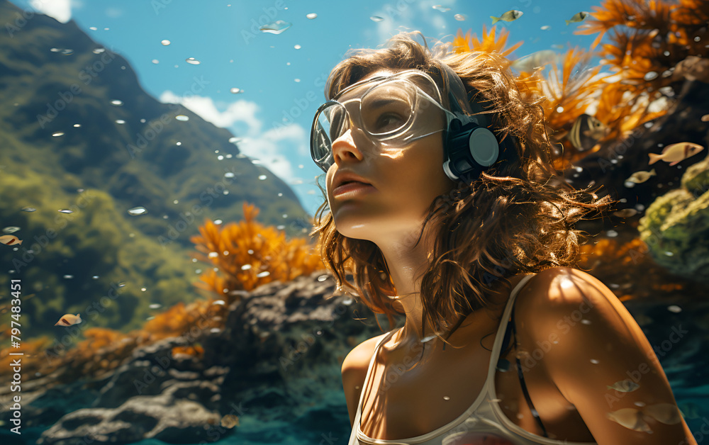 Caucasian woman is snorkeling in blue sea and ocean. Fantasy portrait. Caucasian woman is snorkeling in blue sea and ocean. Fantasy portrait.