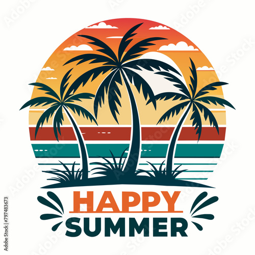 Summer t-shirt design. Retro and vintage summer vibes t-shirt design with palm tree, sea beach, and sunset vector illustration.