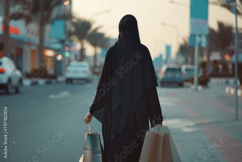 Young Arab woman shopping  carrying bags  wearing abaya and hijab.