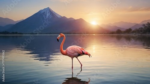 flamingo on the lake at sunset, beautiful photo digital picture photo