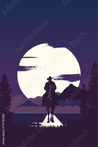 Classic retro western movie poster with a cowboy, sheriff, outlaw man silhouette on a horse in mountains, prairie at the night. Vector vertical illustration